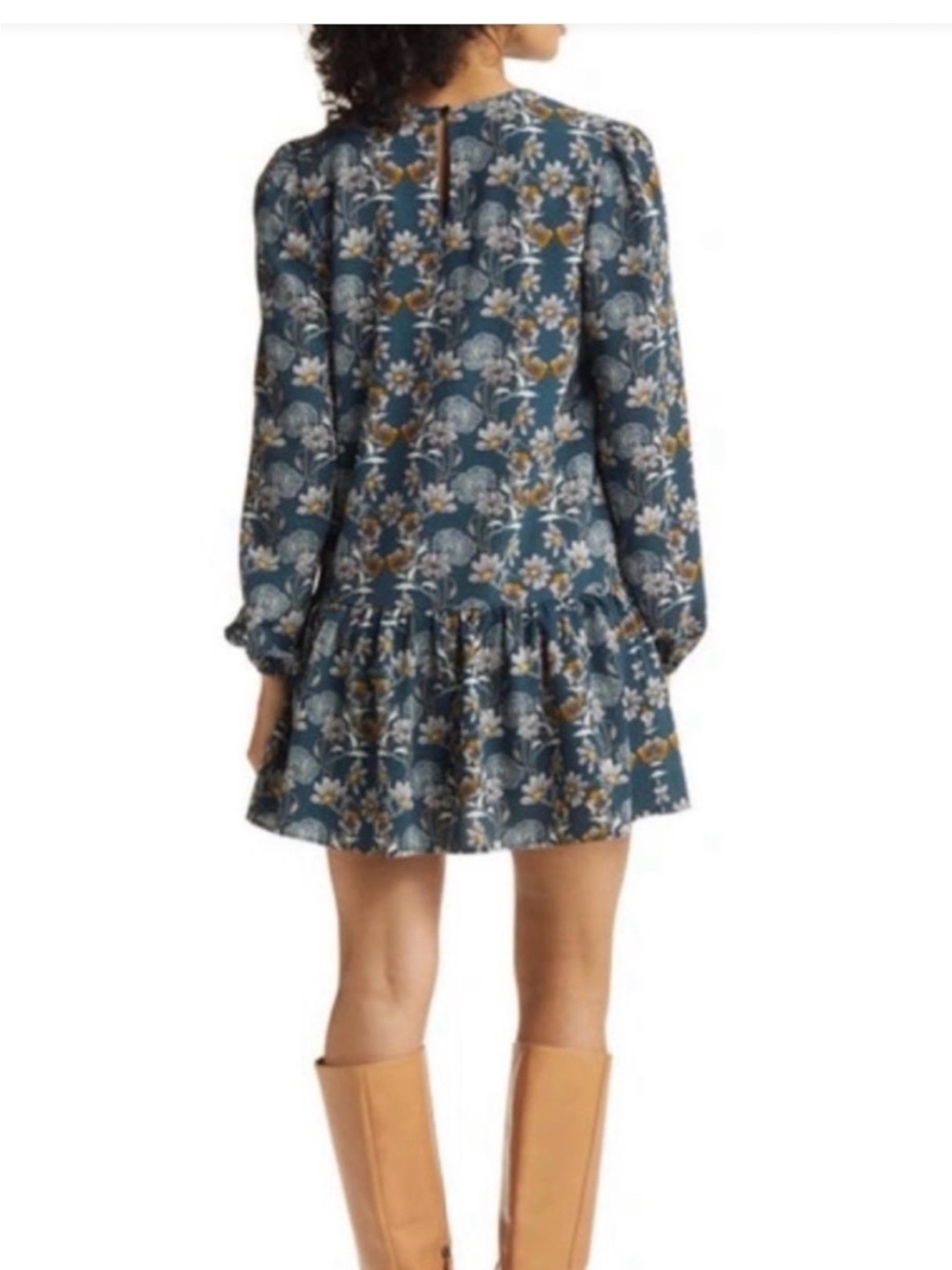 Caslon Teal Floral Print Long-Sleeve Ruffle-Hem Drop Waist Dress Size Large - Picture 2 of 13